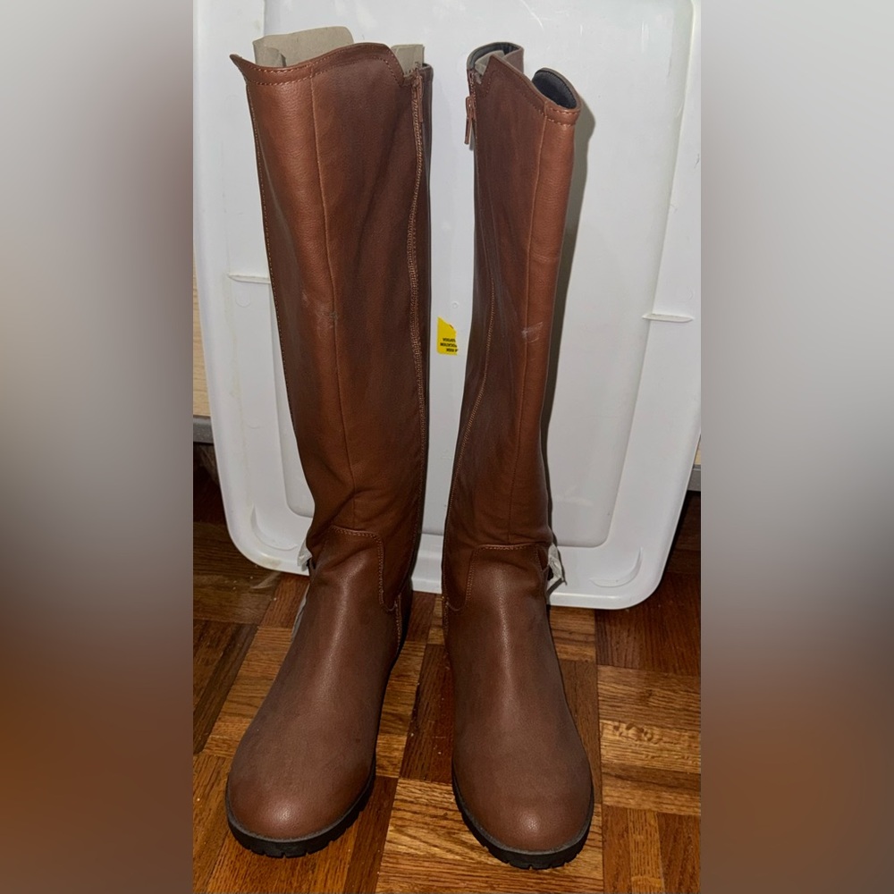 Comfortview Tall Wide-Calf Brown Faux Leather Boots // Size 12